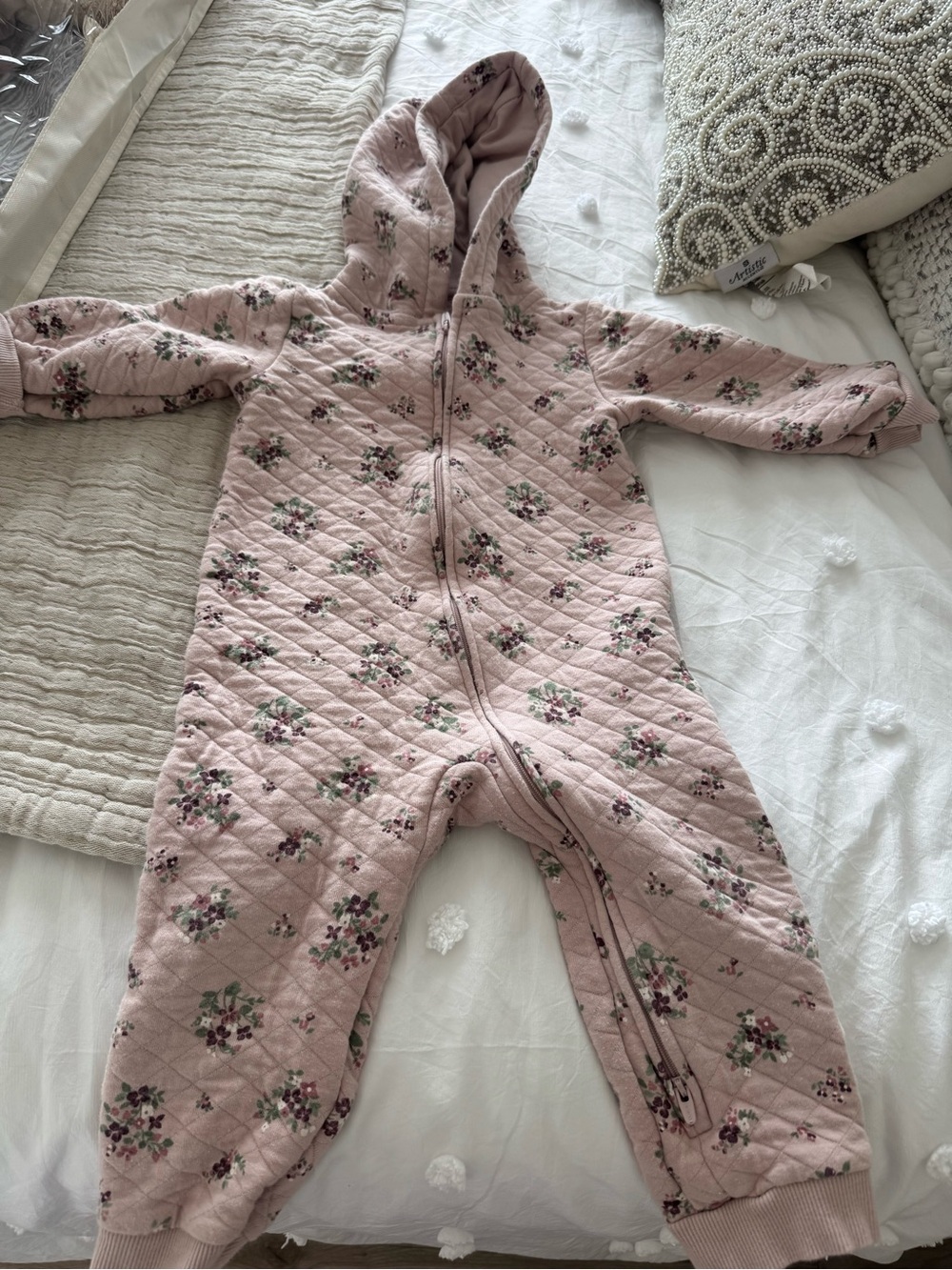 Infant Quilted Hooded One-Piece in Soft Pink Floral